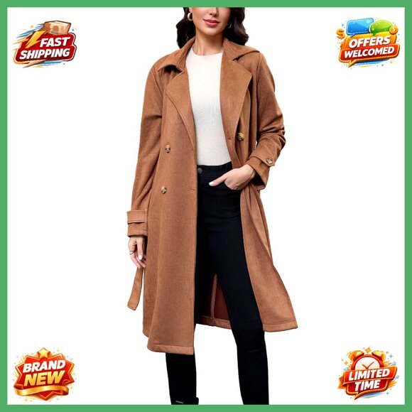 Faux Suede Trench Coat Belted Midi Overcoat Office Outerwear